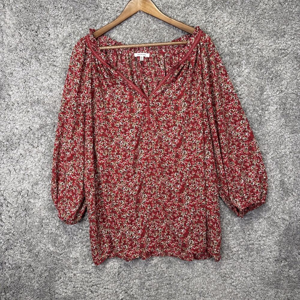 Max Studio 2X Floral Peasant Blouse Top Red 3/4 Balloon Sleeve Lightweight Boho